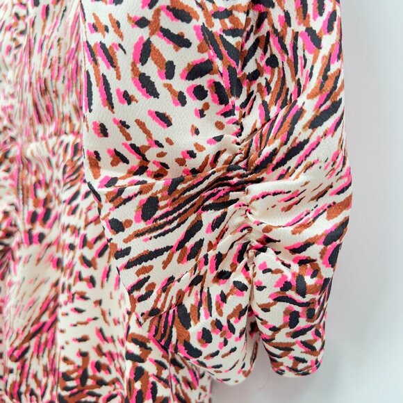 Express Women's Abstract Print Puff Sleeve Ruched Front Hi-Lo Midi Dress XL - Picture 6 of 12